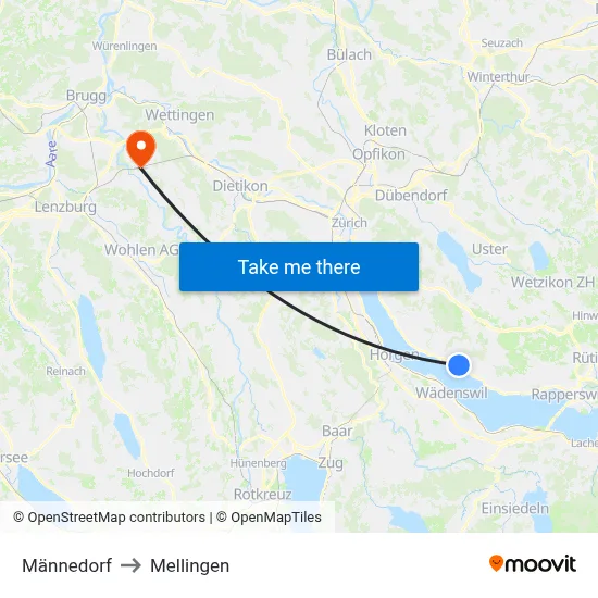 Männedorf to Mellingen map