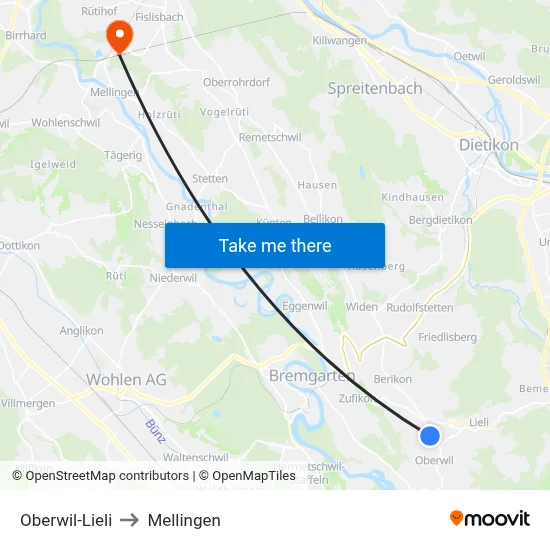 Oberwil-Lieli to Mellingen map
