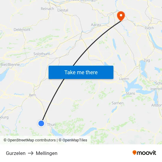 Gurzelen to Mellingen map