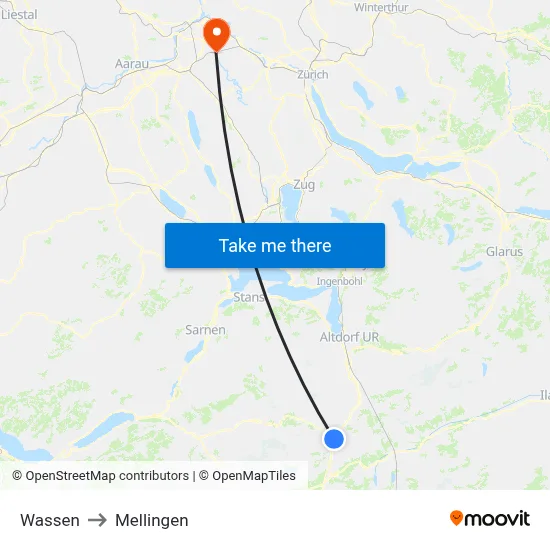 Wassen to Mellingen map