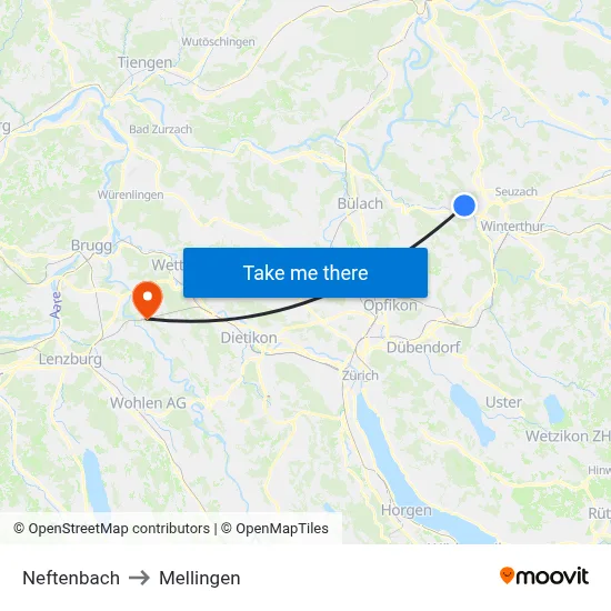 Neftenbach to Mellingen map