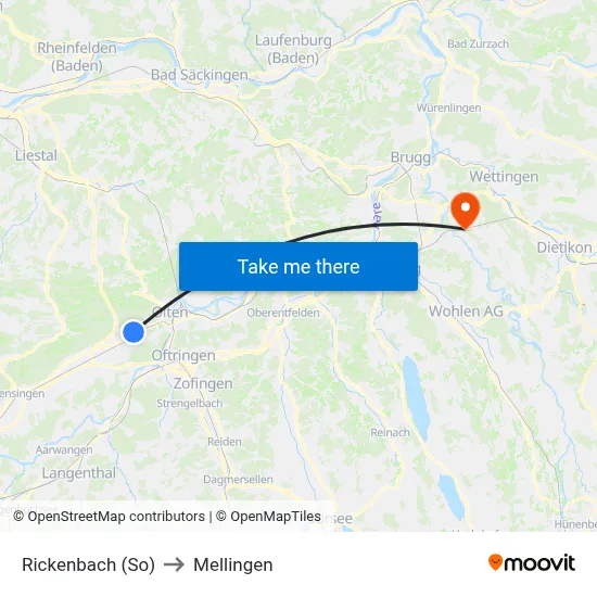 Rickenbach (So) to Mellingen map