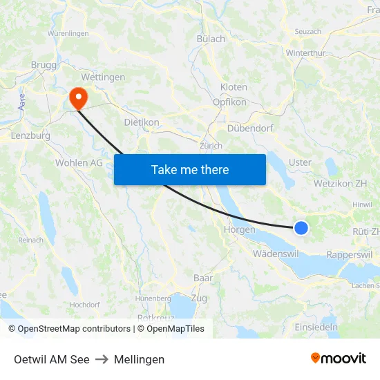 Oetwil AM See to Mellingen map