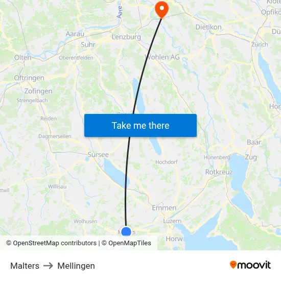 Malters to Mellingen map