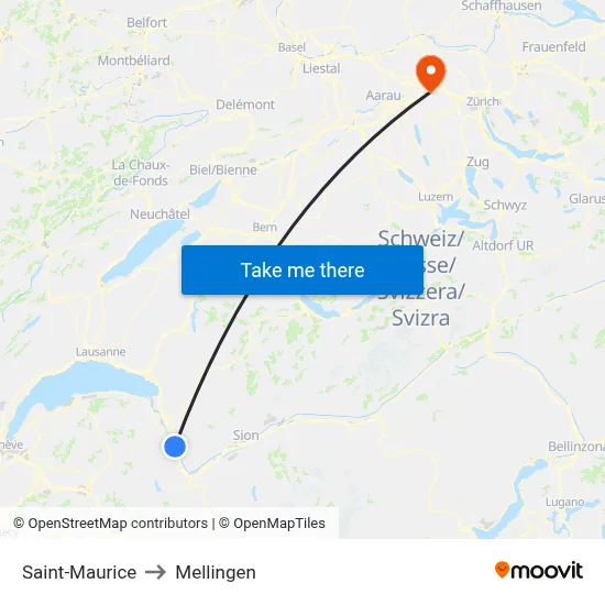 Saint-Maurice to Mellingen map