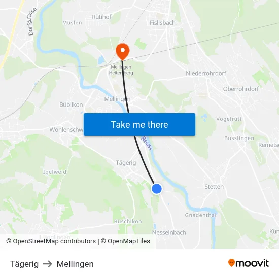Tägerig to Mellingen map