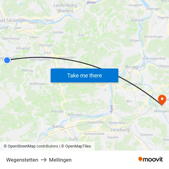 Wegenstetten to Mellingen map