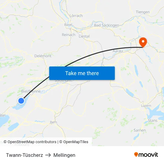 Twann-Tüscherz to Mellingen map