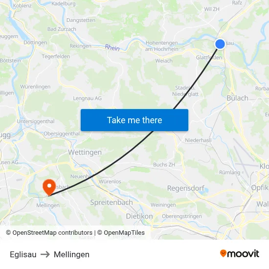 Eglisau to Mellingen map