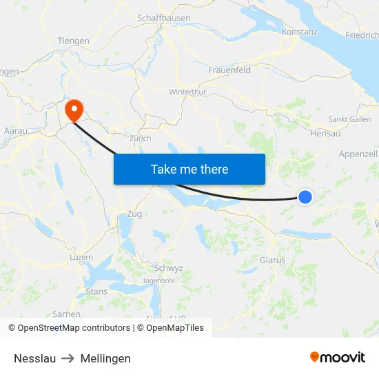 Nesslau to Mellingen map