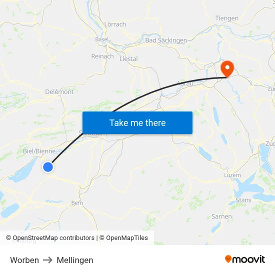 Worben to Mellingen map