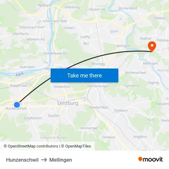 Hunzenschwil to Mellingen map