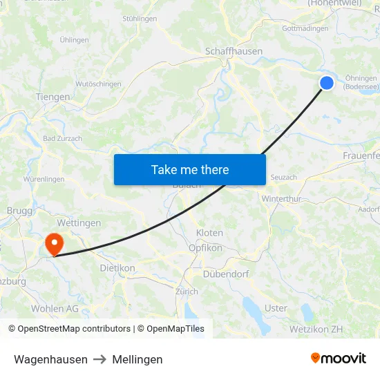 Wagenhausen to Mellingen map