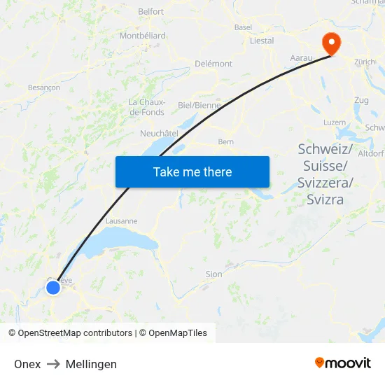 Onex to Mellingen map