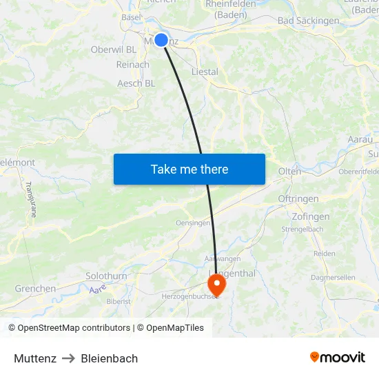 Muttenz to Bleienbach map