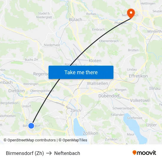Birmensdorf (Zh) to Neftenbach map
