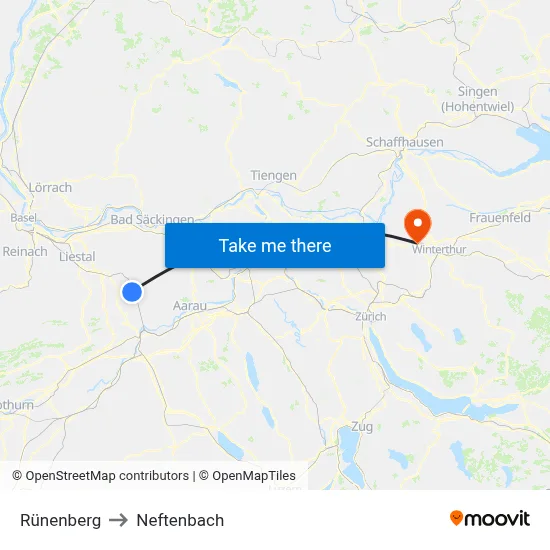 Rünenberg to Neftenbach map