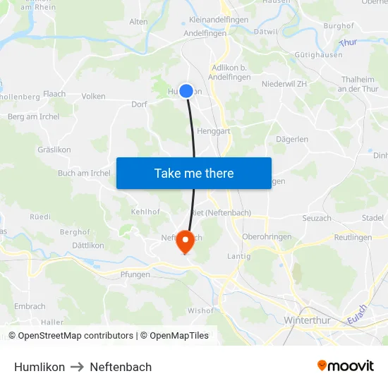 Humlikon to Neftenbach map
