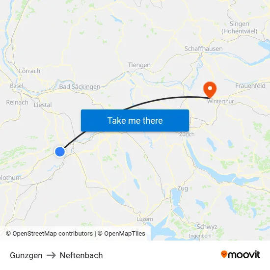 Gunzgen to Neftenbach map