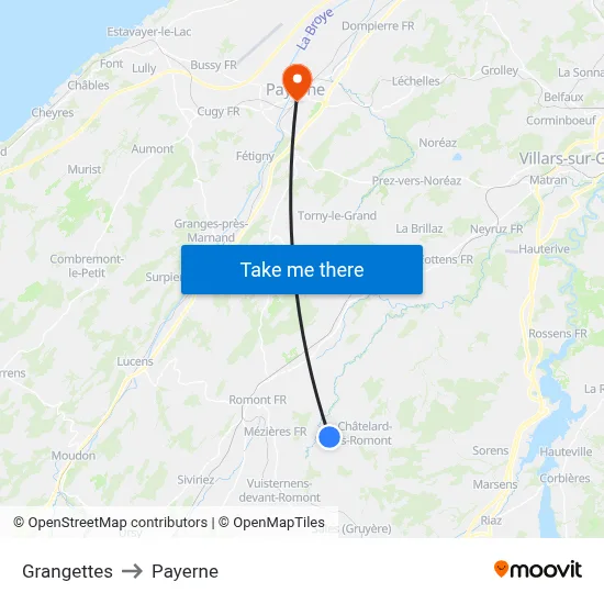 Grangettes to Payerne map