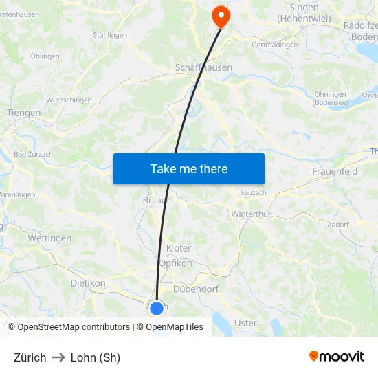 Zürich to Lohn (Sh) map