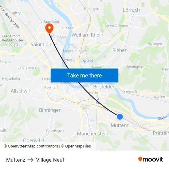 Muttenz to Village-Neuf map