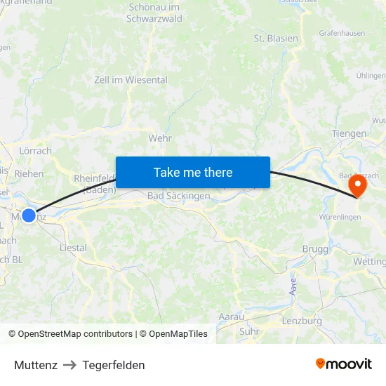 Muttenz to Tegerfelden map