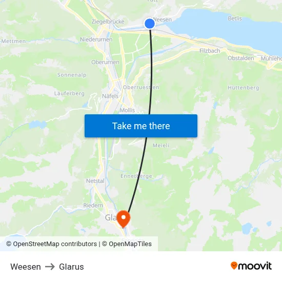 Weesen to Glarus map