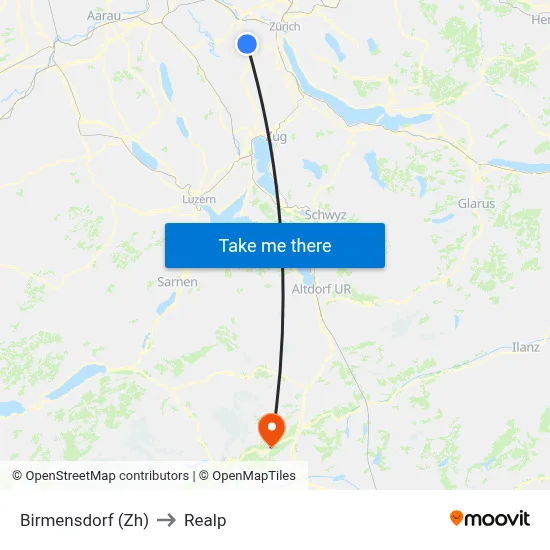 Birmensdorf (Zh) to Realp map