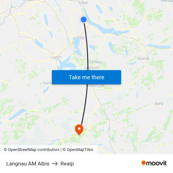 Langnau AM Albis to Realp map