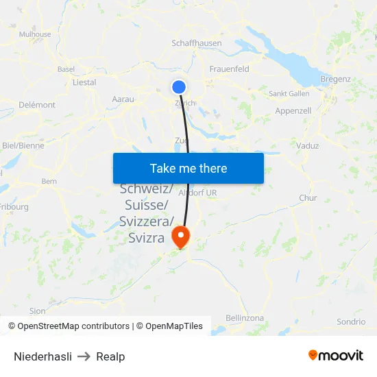 Niederhasli to Realp map