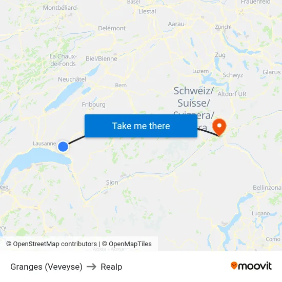 Granges (Veveyse) to Realp map