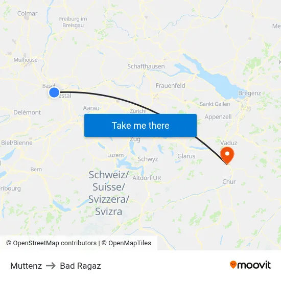 Muttenz to Bad Ragaz map