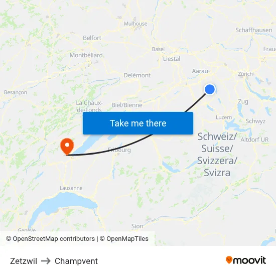 Zetzwil to Champvent map