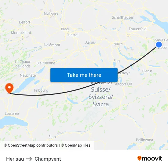 Herisau to Champvent map