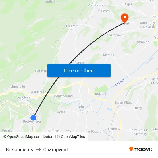Bretonnières to Champvent map