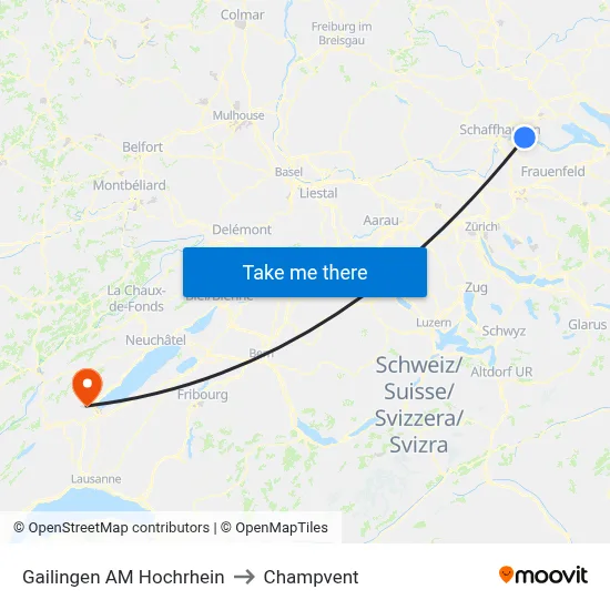 Gailingen AM Hochrhein to Champvent map