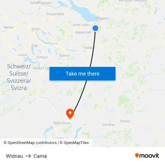 Widnau to Cama map