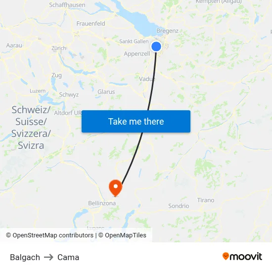 Balgach to Cama map