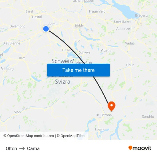 Olten to Cama map