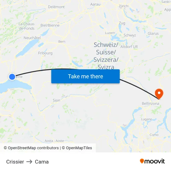 Crissier to Cama map