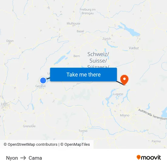 Nyon to Cama map