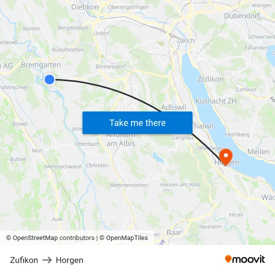 Zufikon to Horgen map