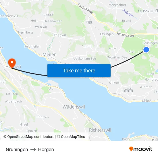 Grüningen to Horgen map
