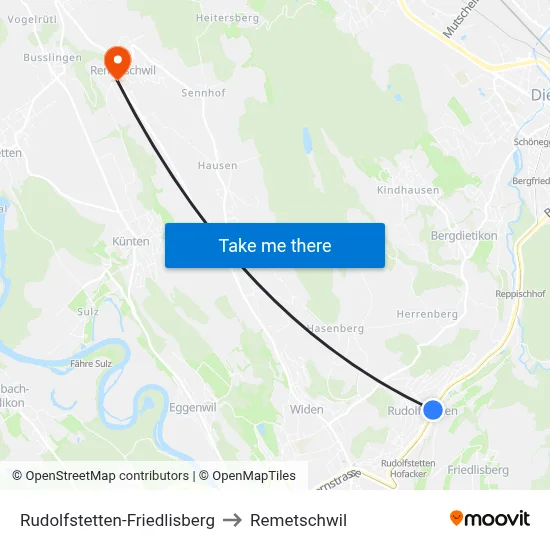 Rudolfstetten-Friedlisberg to Remetschwil map