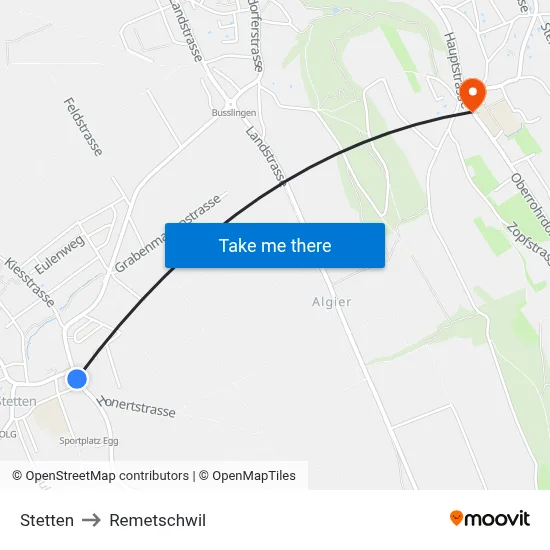 Stetten to Remetschwil map