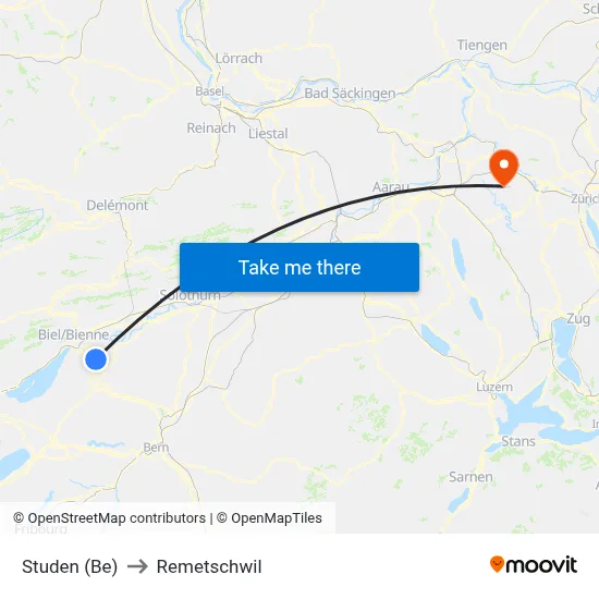 Studen (Be) to Remetschwil map