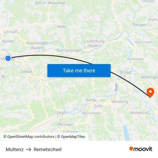 Muttenz to Remetschwil map