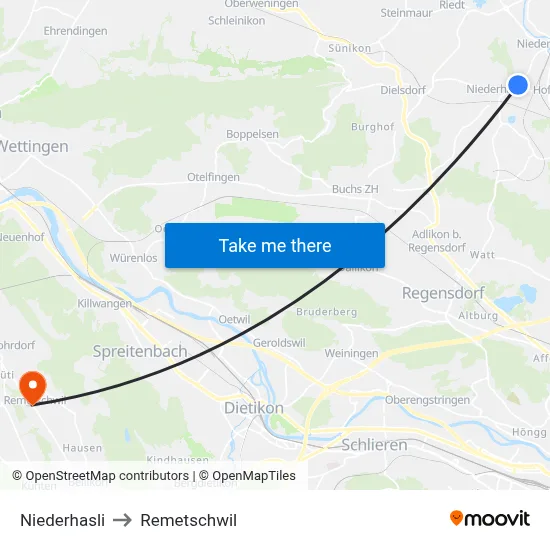 Niederhasli to Remetschwil map