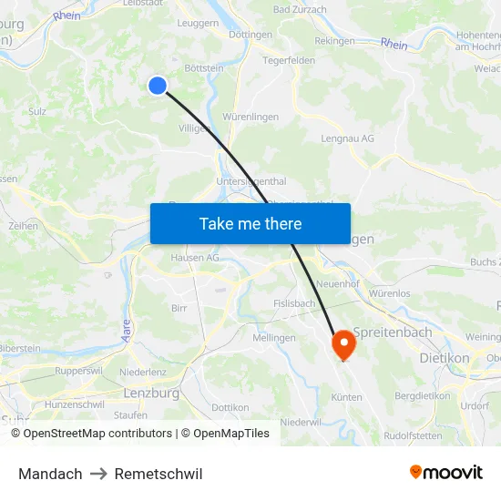 Mandach to Remetschwil map